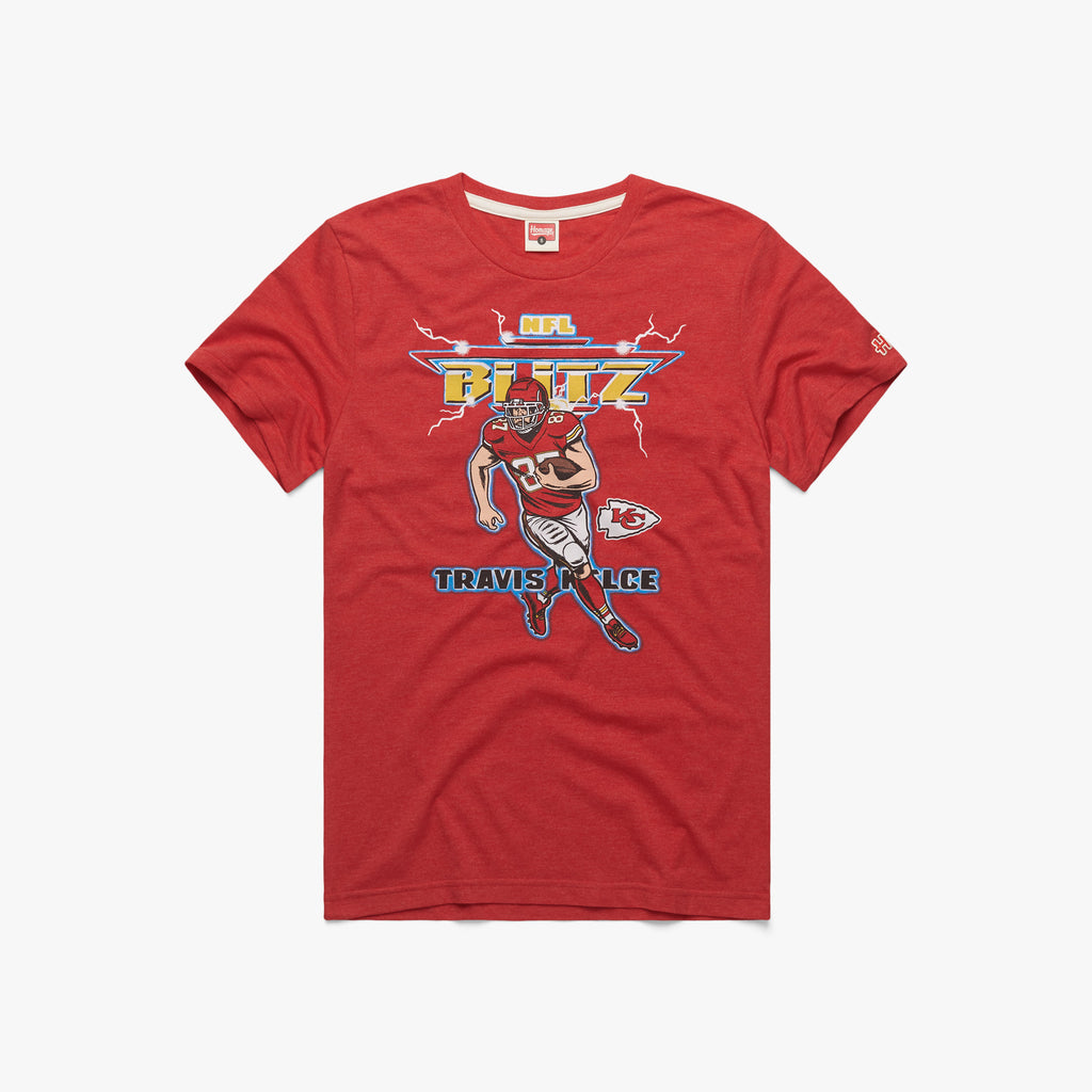 NFL Blitz Kansas City Chiefs Travis Kelce T-Shirt from Homage. | Officially Licensed Vintage NFL Apparel from Homage Pro Shop.