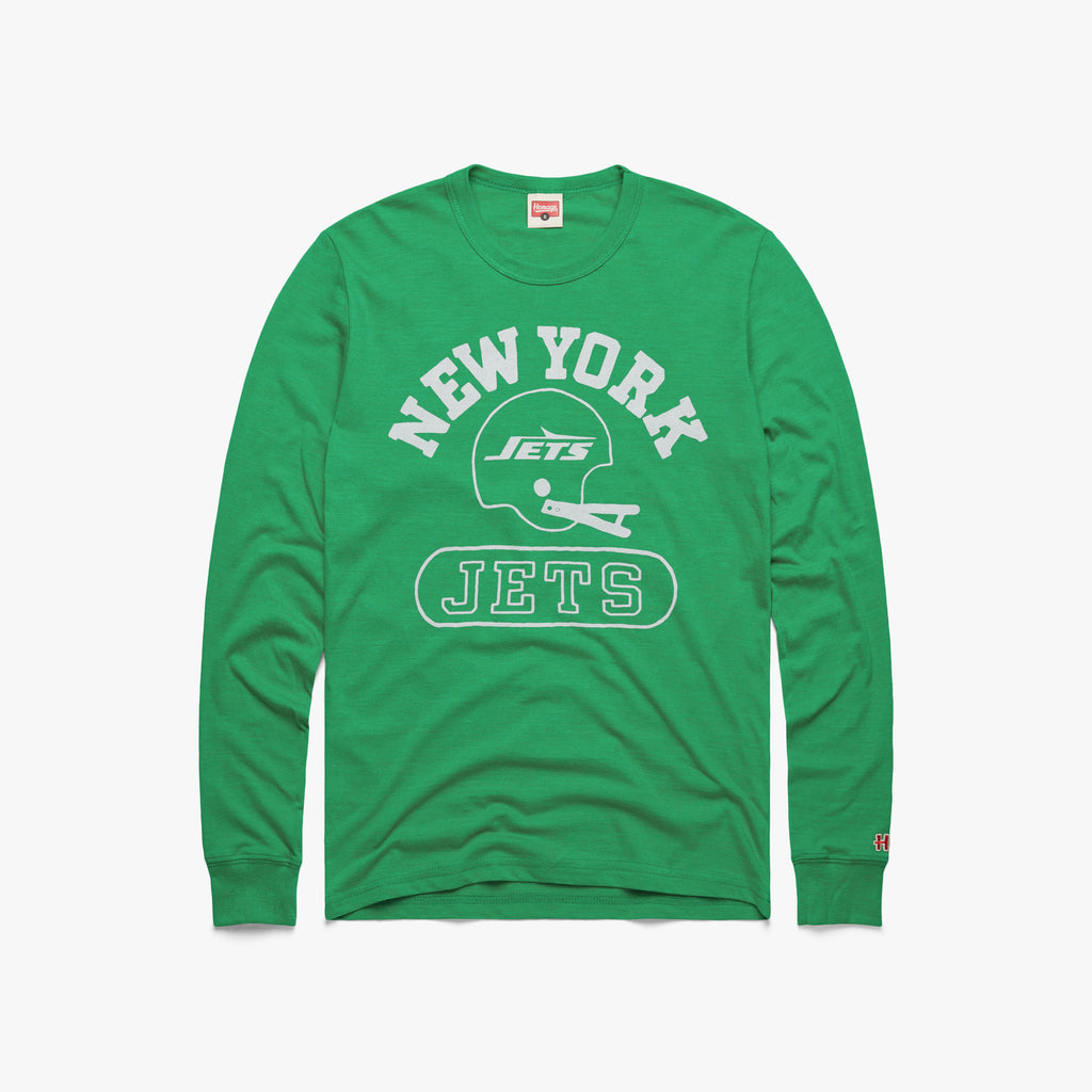 New York Jets Throwback Helmet Long Sleeve Tee from Homage. | Officially Licensed Vintage NFL Apparel from Homage Pro Shop.