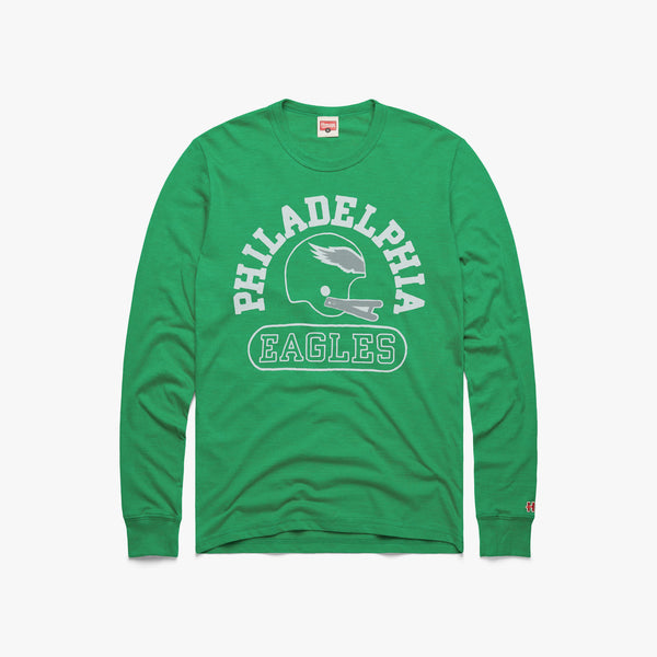 Philadelphia Eagles Throwback Helmet Long Sleeve Tee | Kelly Green Eagles Apparel from Homage. | Officially Licensed NFL Apparel from Homage Pro Shop.