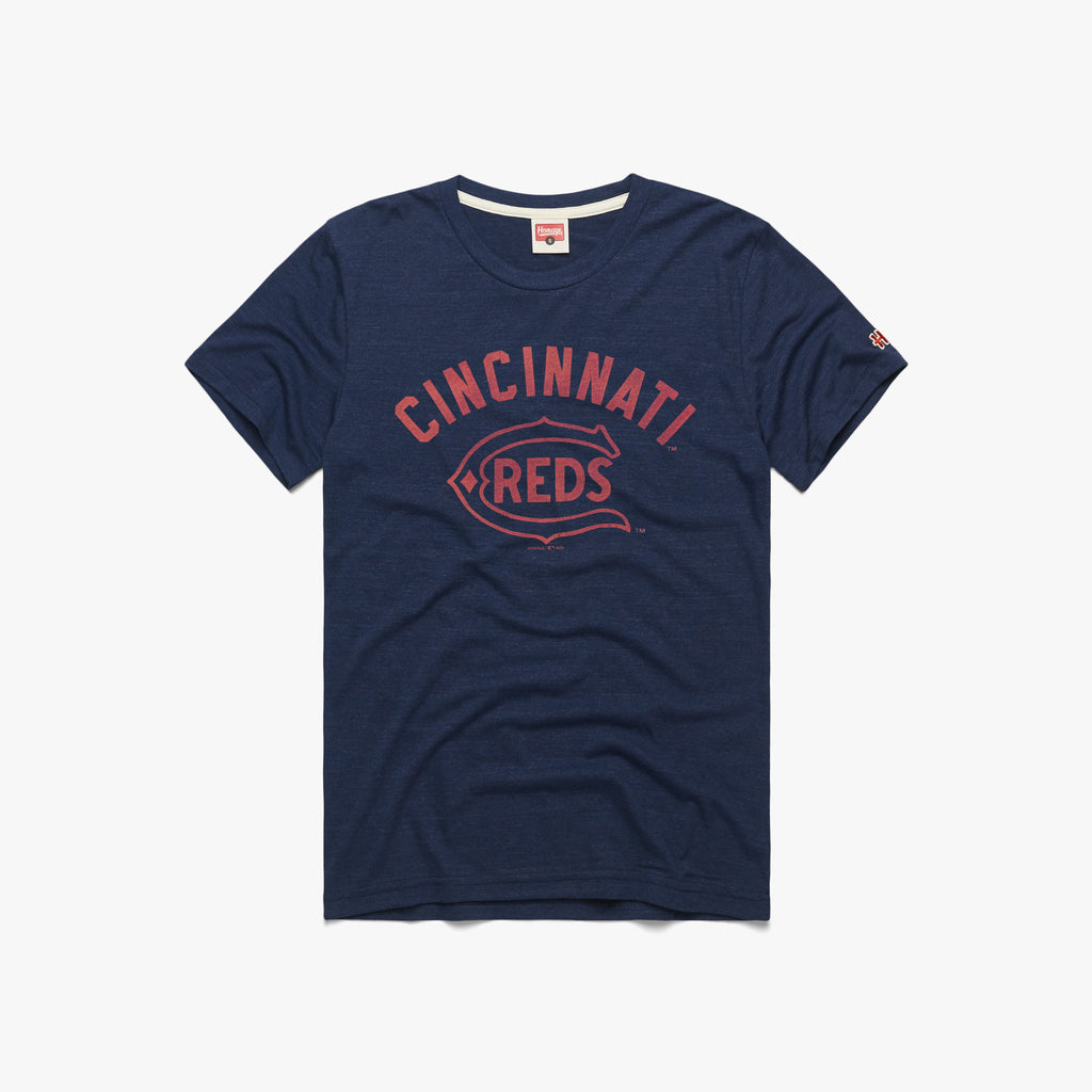 Cincinnati Reds Helmet T-Shirt from Homage. | Grey | Vintage Apparel from Homage.