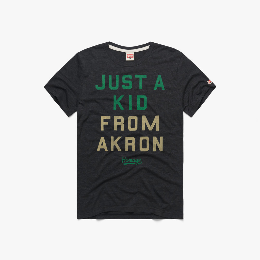 Just A Kid from Akron T-Shirt from Homage. | Charcoal | Cleveland Cavaliers Vintage Apparel from Homage.