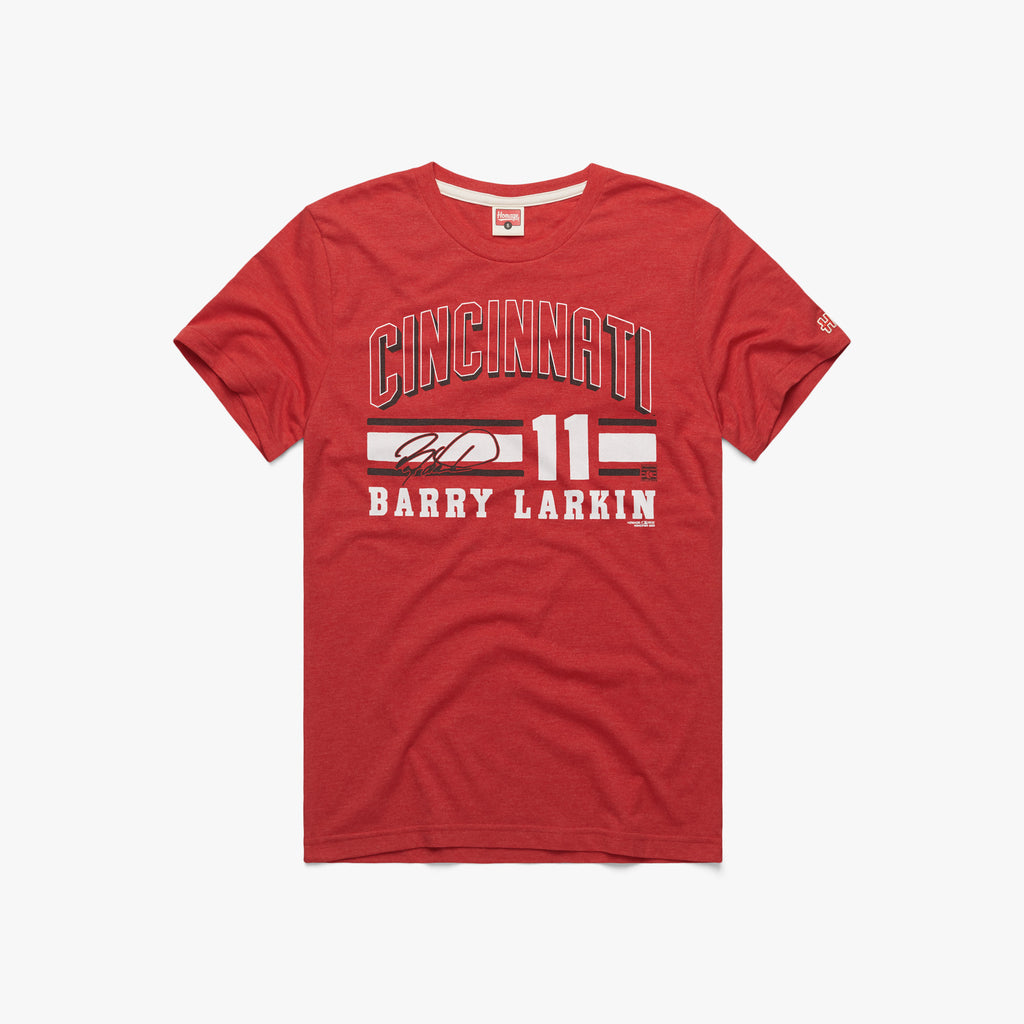 Reds Barry Larkin Signature Jersey T-Shirt from Homage. | Red | Vintage Apparel from Homage.