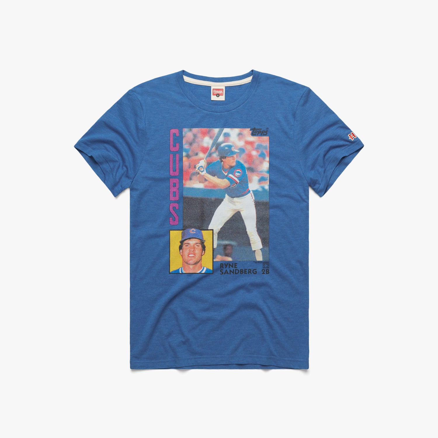 1984 Topps Baseball Ryne Sandberg Cubs T-Shirt from Homage. | Royal Blue | Vintage Apparel from Homage.