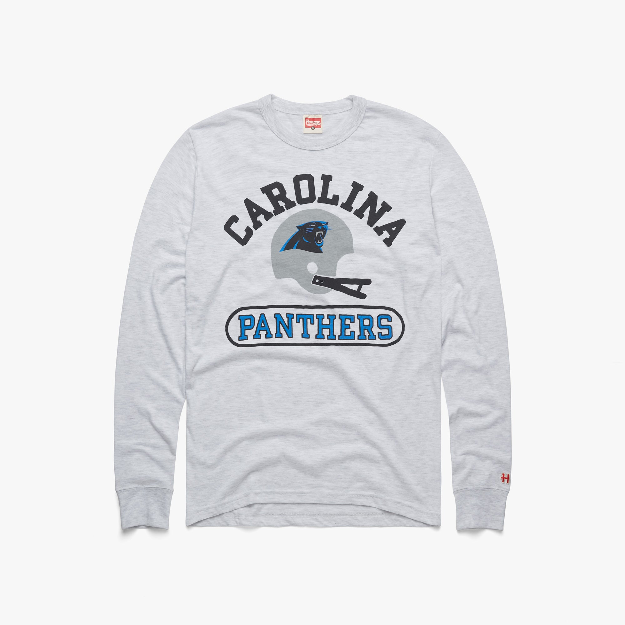 Carolina Panthers Pigskin Long Sleeve Tee from Homage. | Officially Licensed Vintage NFL Apparel from Homage Pro Shop.