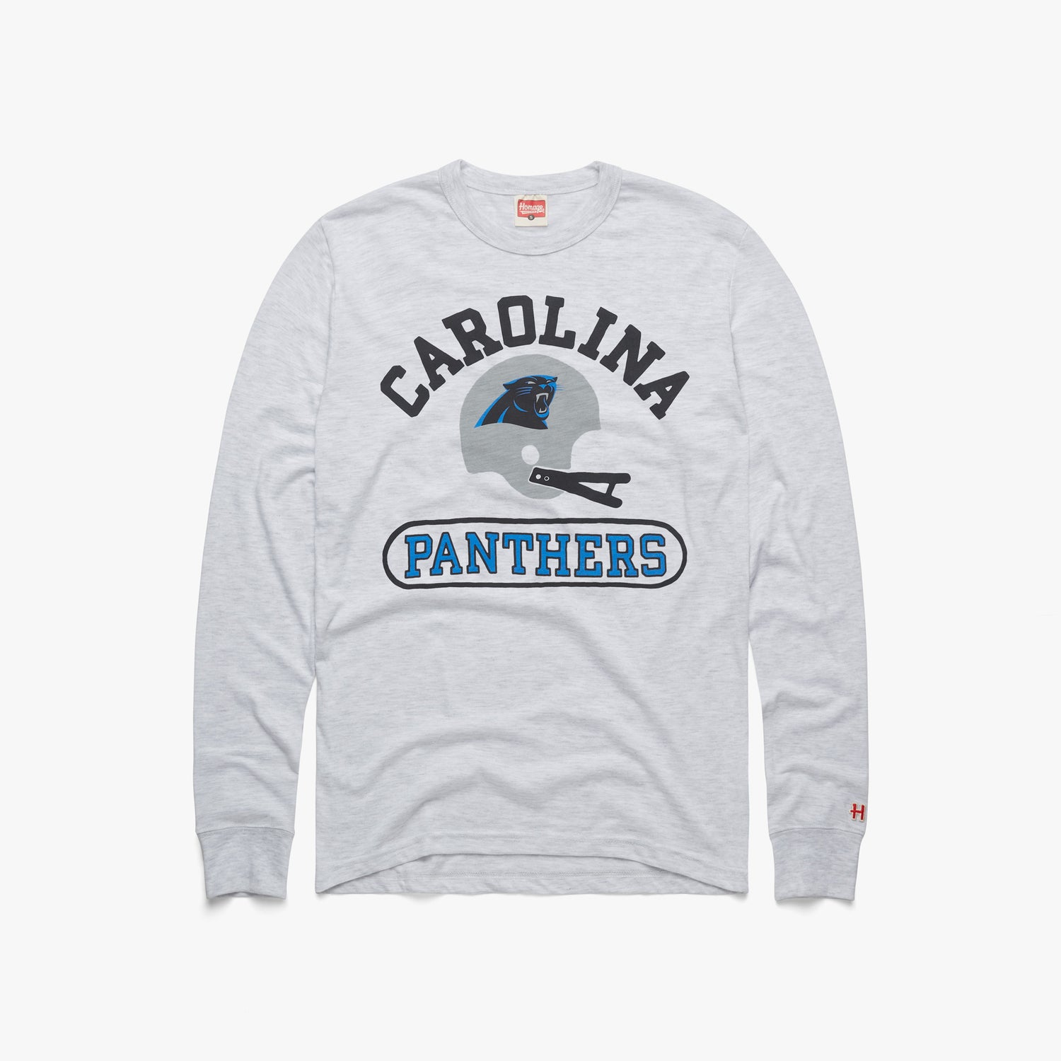 Carolina Panthers Throwback Helmet Long Sleeve Tee from Homage. | Officially Licensed Vintage NFL Apparel from Homage Pro Shop.