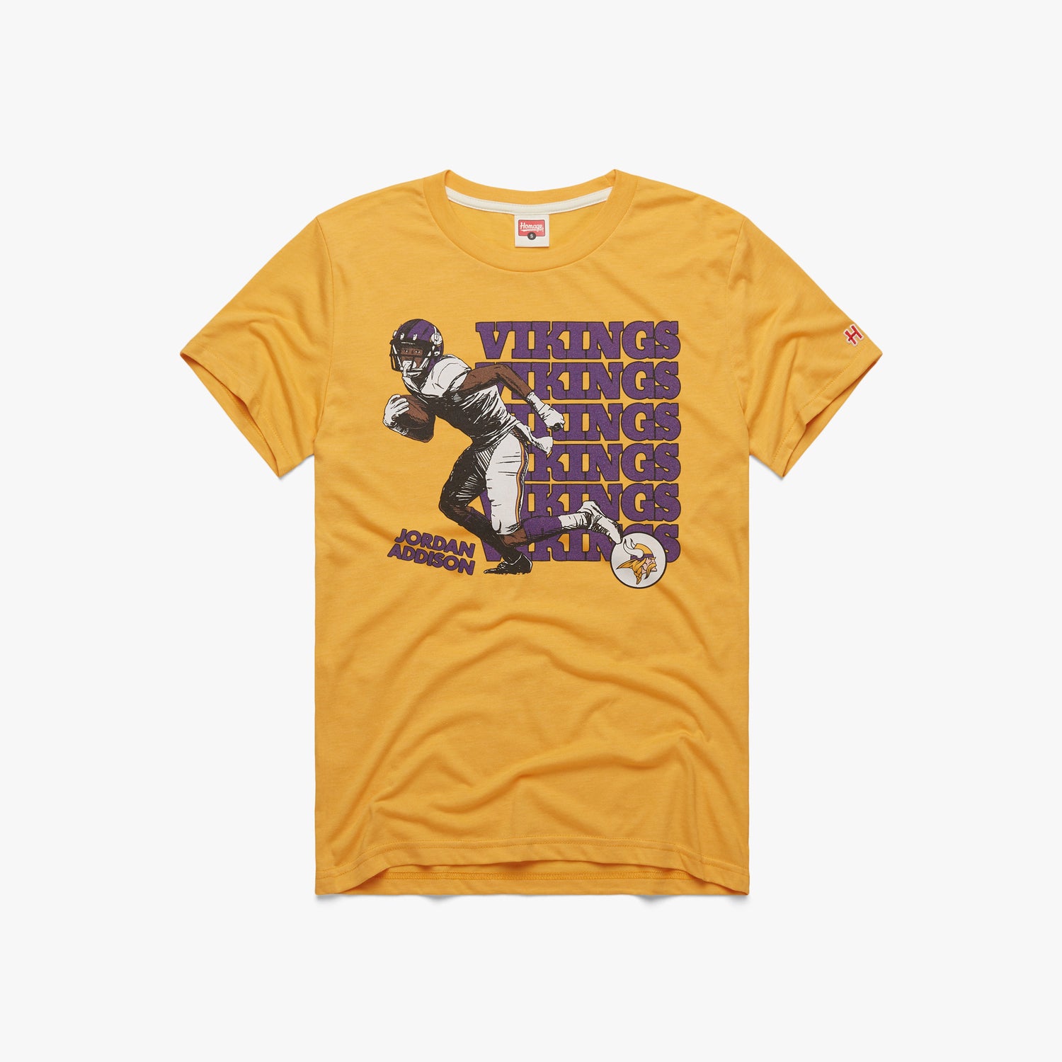 Minnesota Vikings Jordan Addison Draft T-Shirt from Homage. | Officially Licensed Vintage NFL Apparel from Homage Pro Shop.