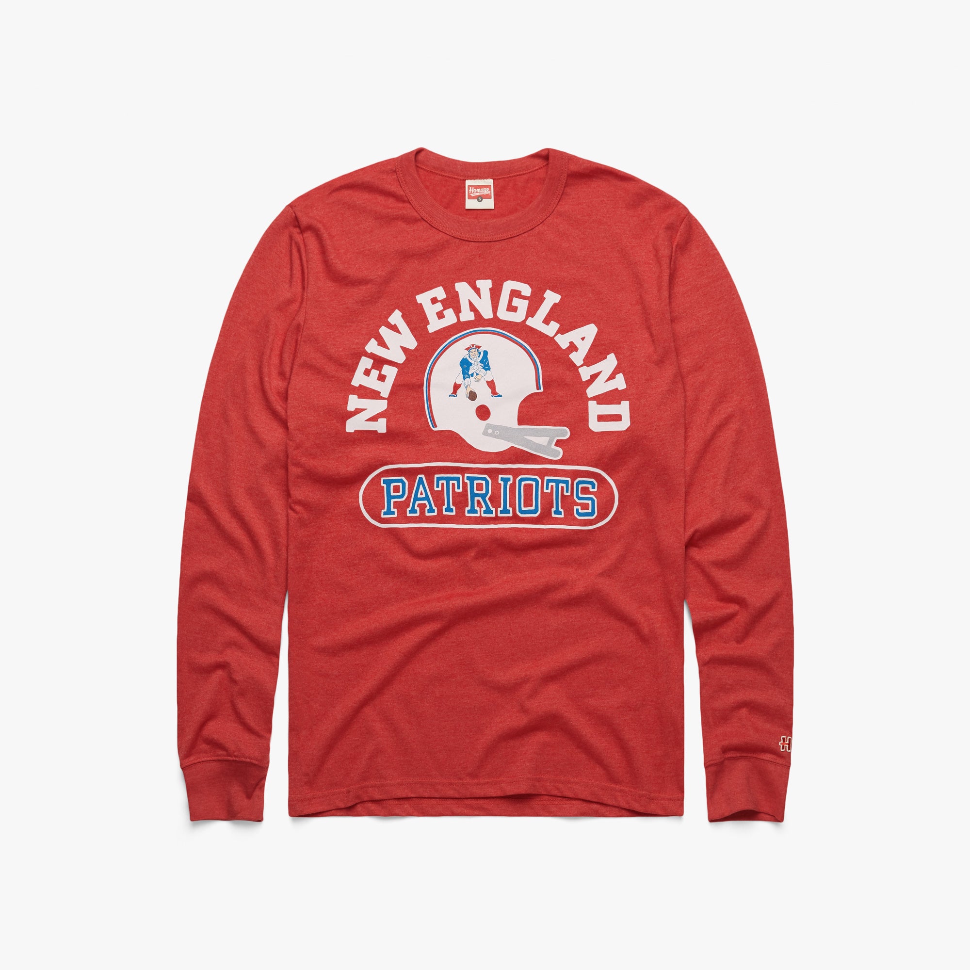 New England Patriots Throwback Helmet Long Sleeve Tee from Homage. | Officially Licensed Vintage NFL Apparel from Homage Pro Shop.