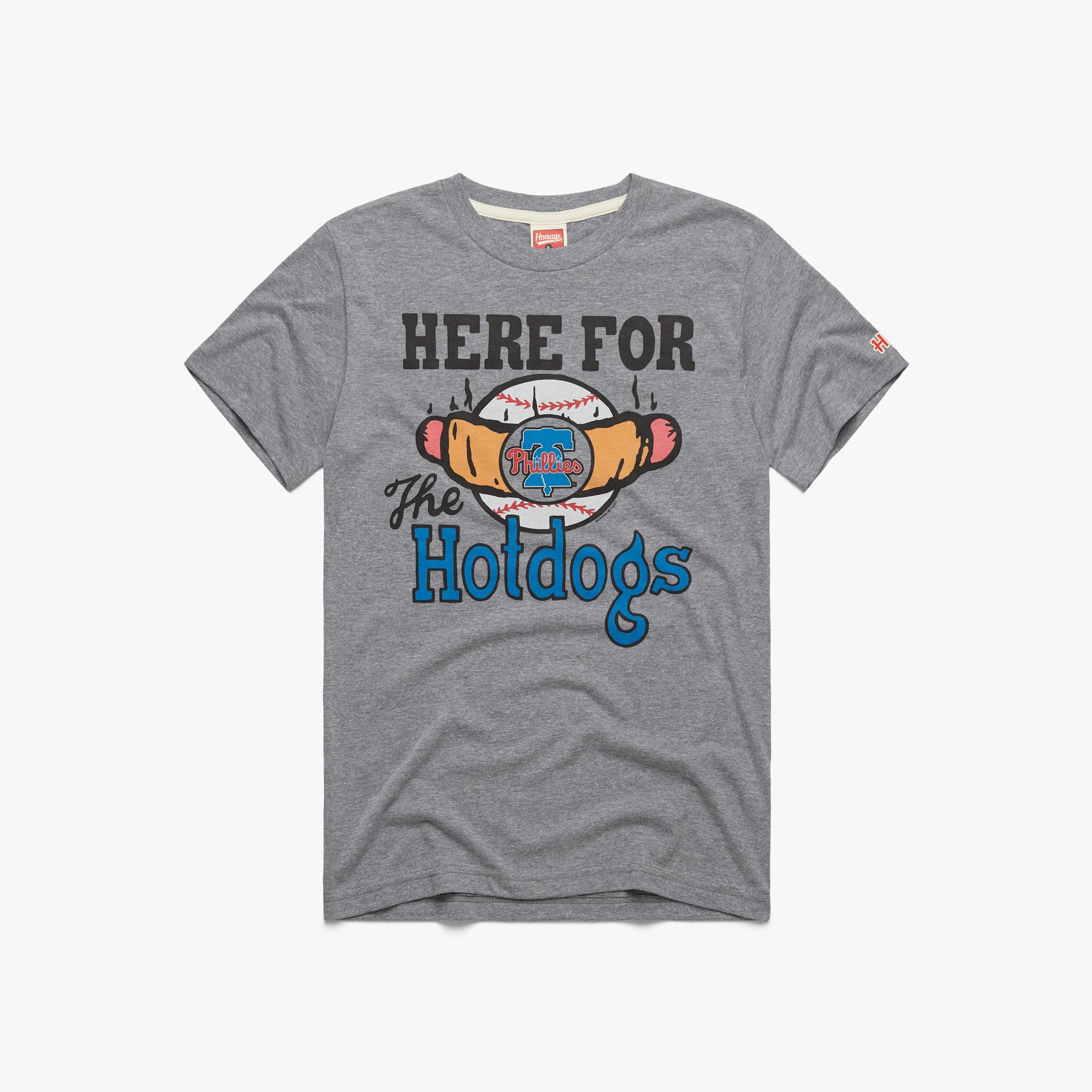 Philadelphia Phillies Here for The Hotdogs T-Shirt from Homage. | Grey | Vintage Apparel from Homage.