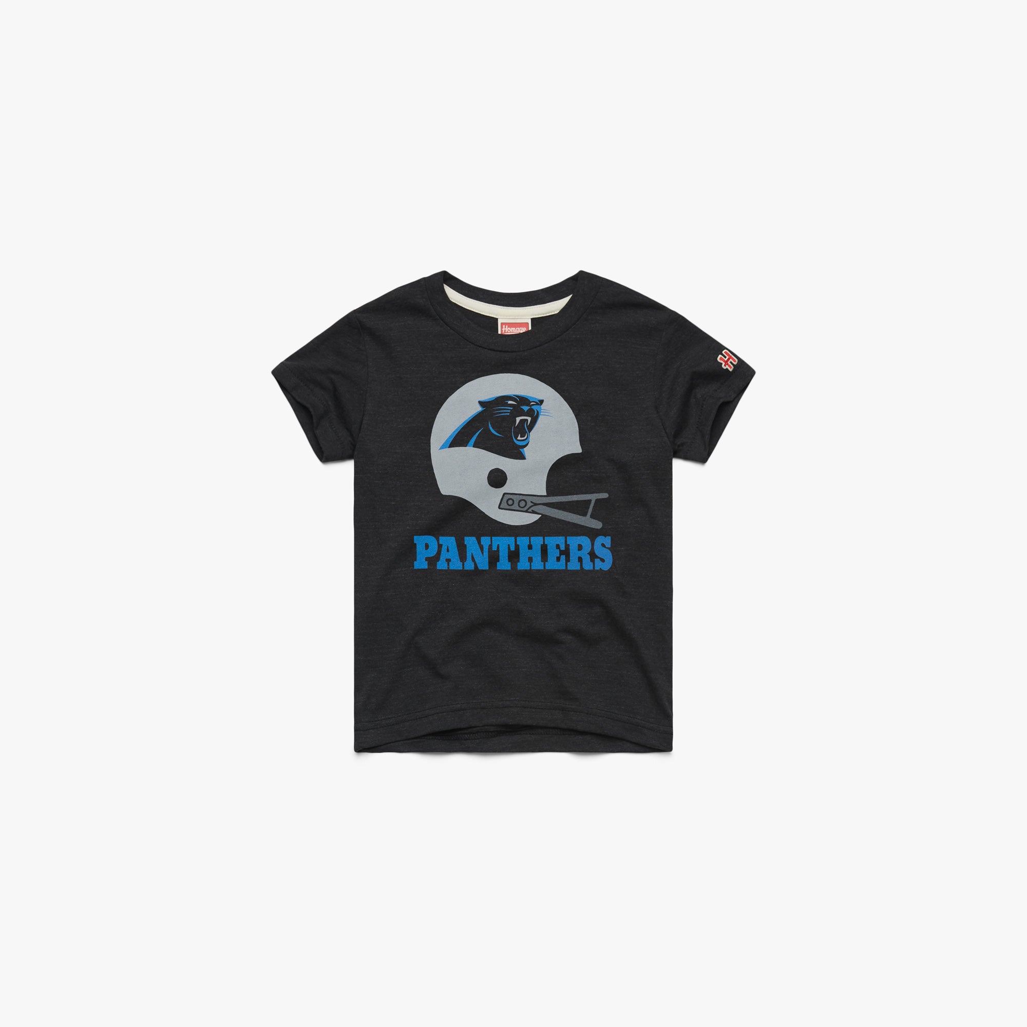 Youth Carolina Panthers Big Helmet Youth T-Shirt from Homage. | Officially Licensed Vintage NFL Apparel from Homage Pro Shop.
