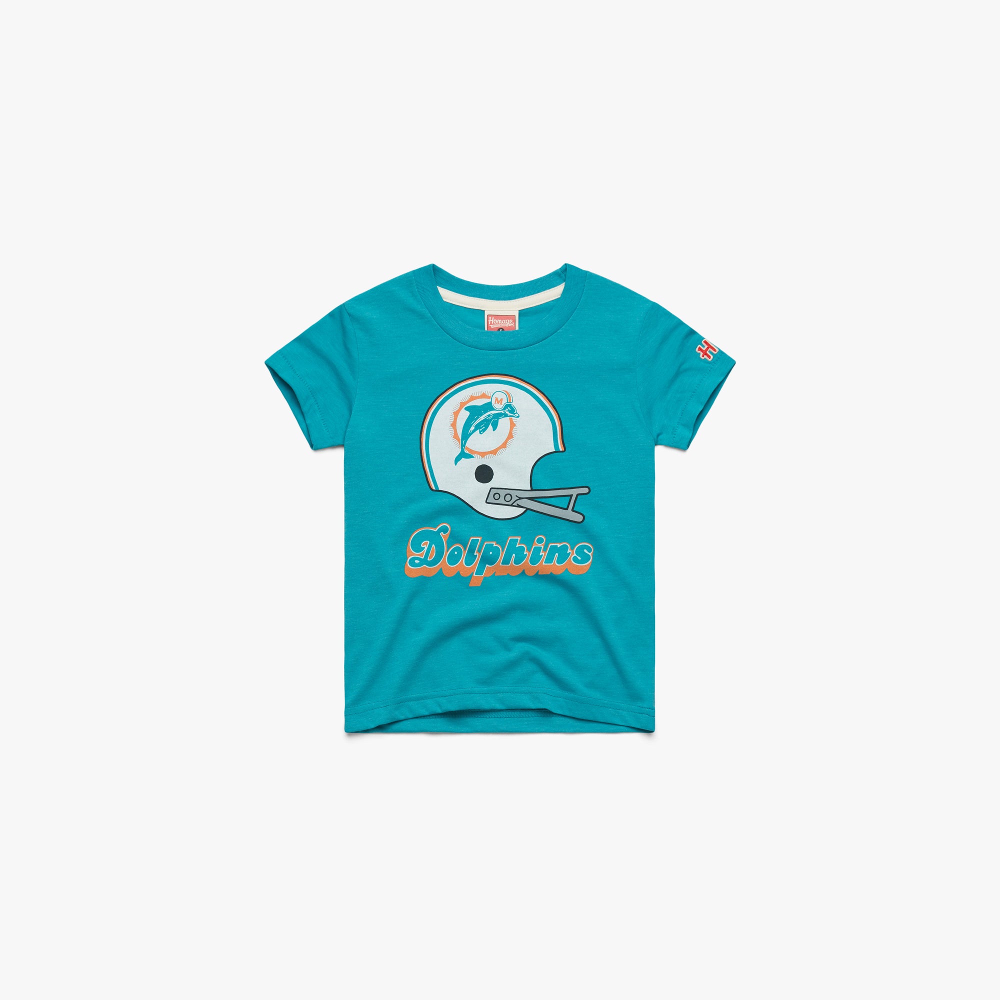 Youth Miami Dolphins Big Helmet Youth T-Shirt from Homage. | Officially Licensed Vintage NFL Apparel from Homage Pro Shop.