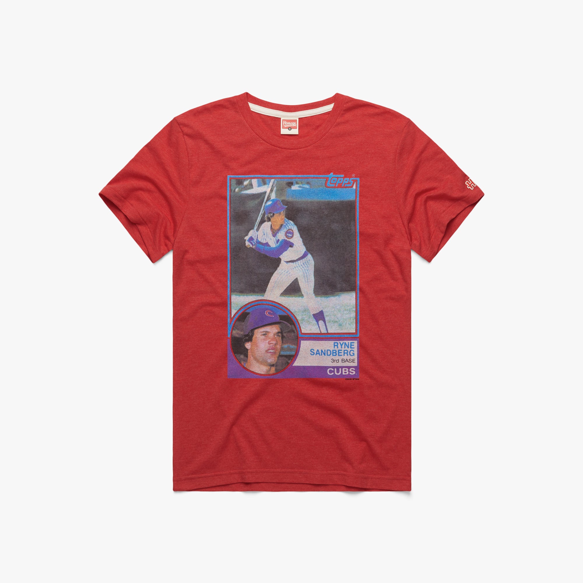 1983 Topps Rookie Ryne Sandberg Cubs T-Shirt from Homage. | Red | Vintage Apparel from Homage.