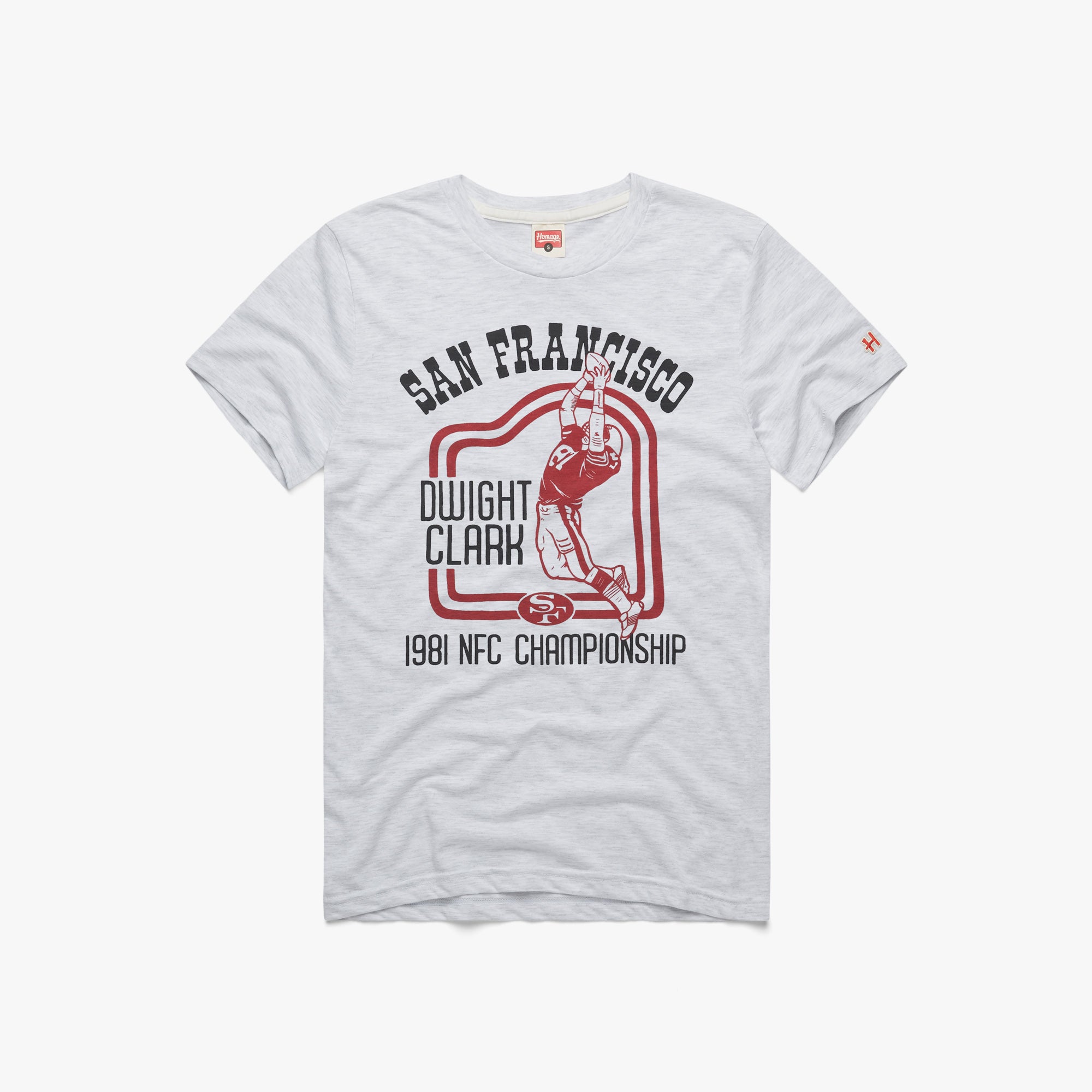 San Francisco 49ers Dwight Clark The Catch T-Shirt from Homage. | Officially Licensed Vintage NFL Apparel from Homage Pro Shop.