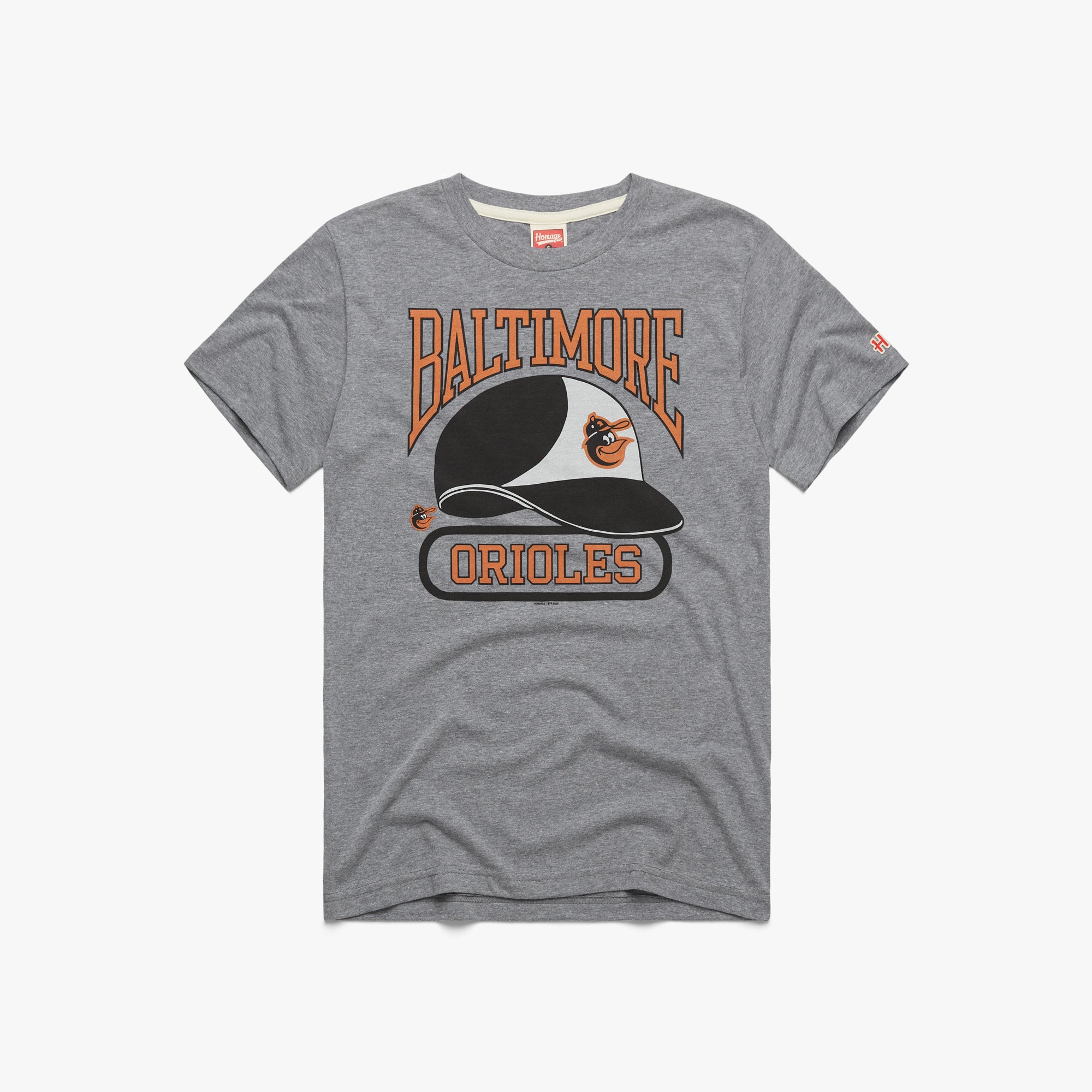 Baltimore Orioles Helmet T-Shirt from Homage. | Grey | Vintage Apparel from Homage.