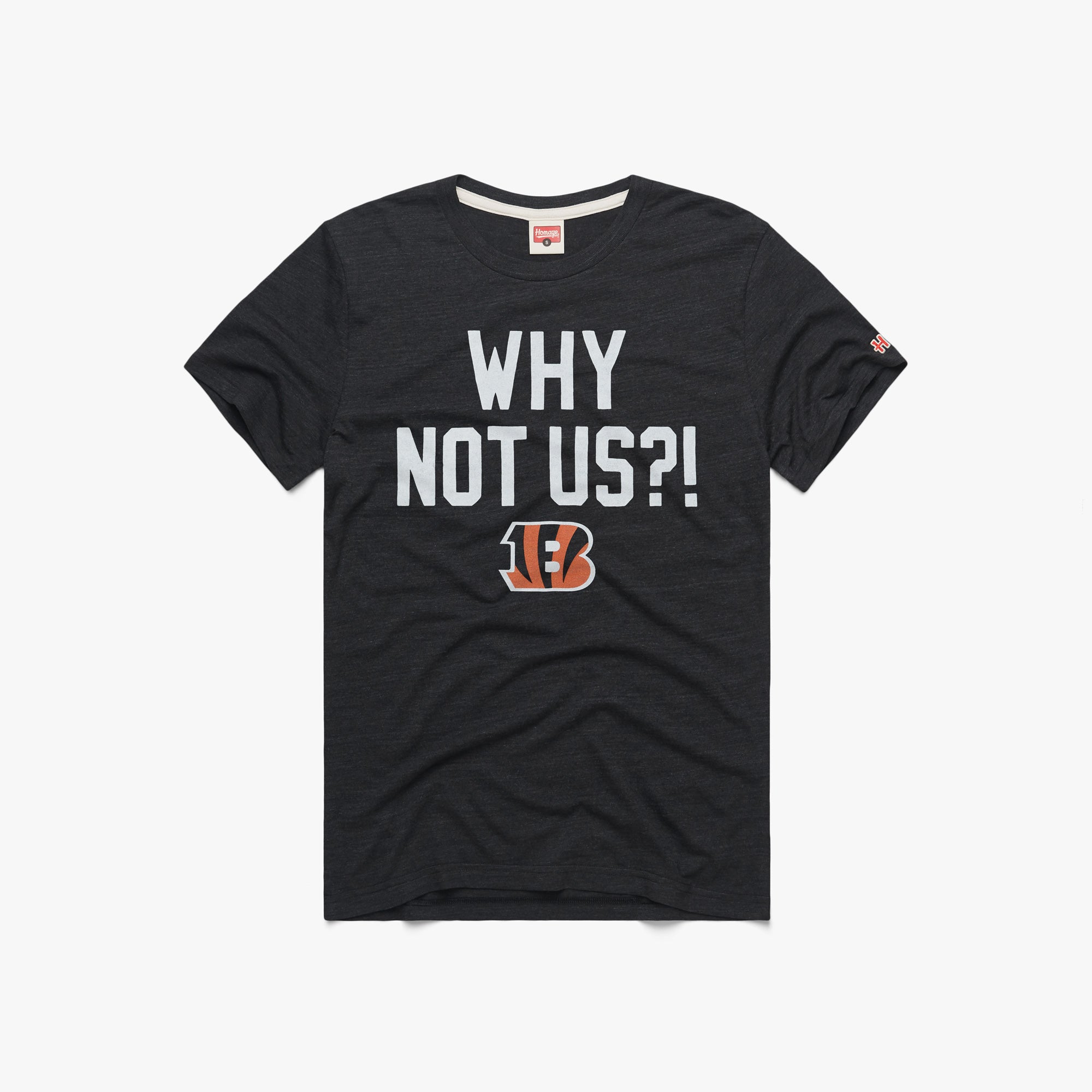 Cincinnati Bengals Why Not Us? T-Shirt from Homage. | Officially Licensed Vintage NFL Apparel from Homage Pro Shop.