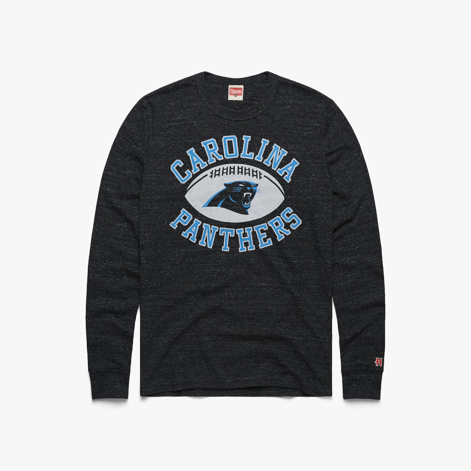 Carolina Panthers Pigskin Long Sleeve Tee from Homage. | Officially Licensed Vintage NFL Apparel from Homage Pro Shop.