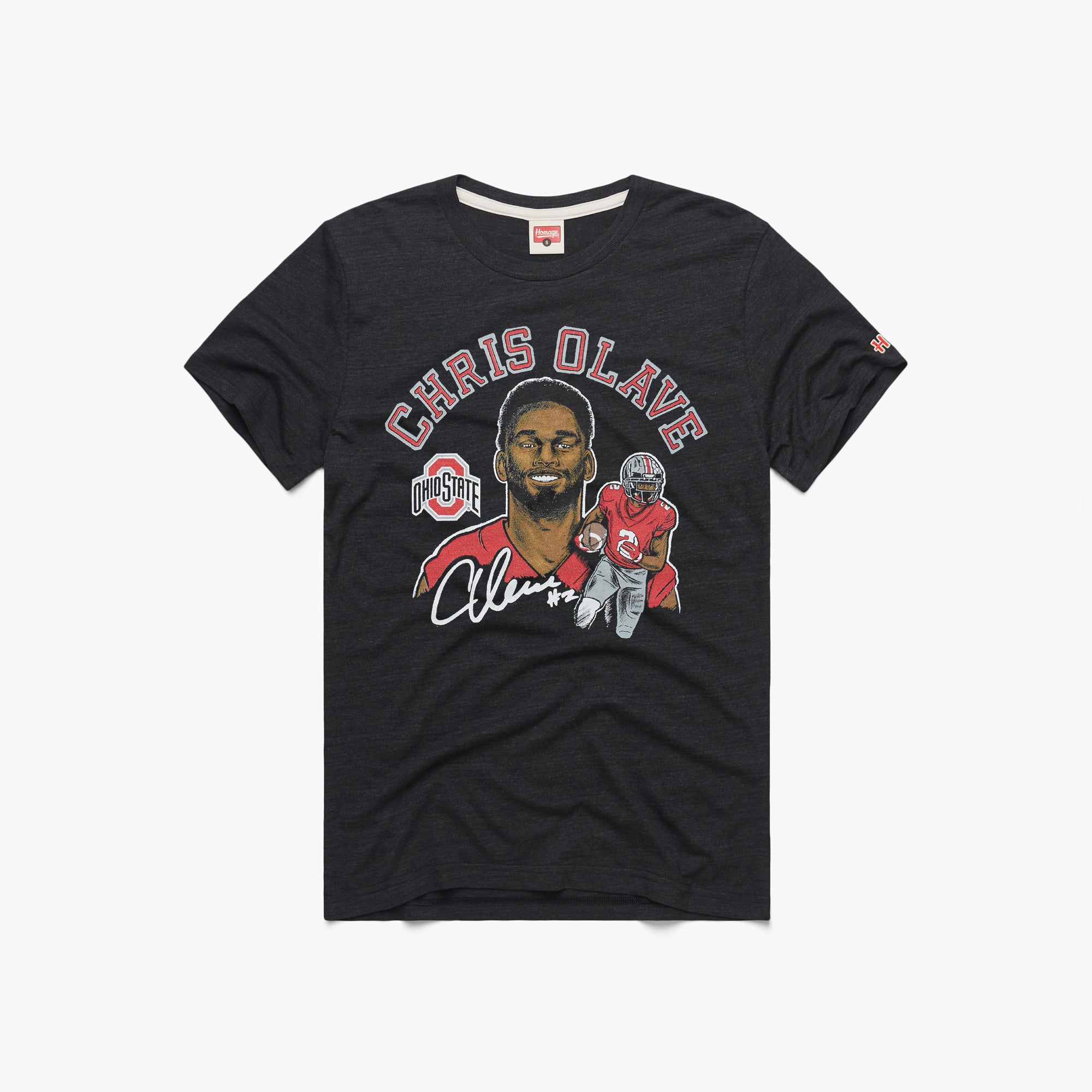 Chris Olave Ohio State T-Shirt from Homage. | Officially Licensed Ohio State Gear | Charcoal | Ohio State Vintage Apparel from Homage.