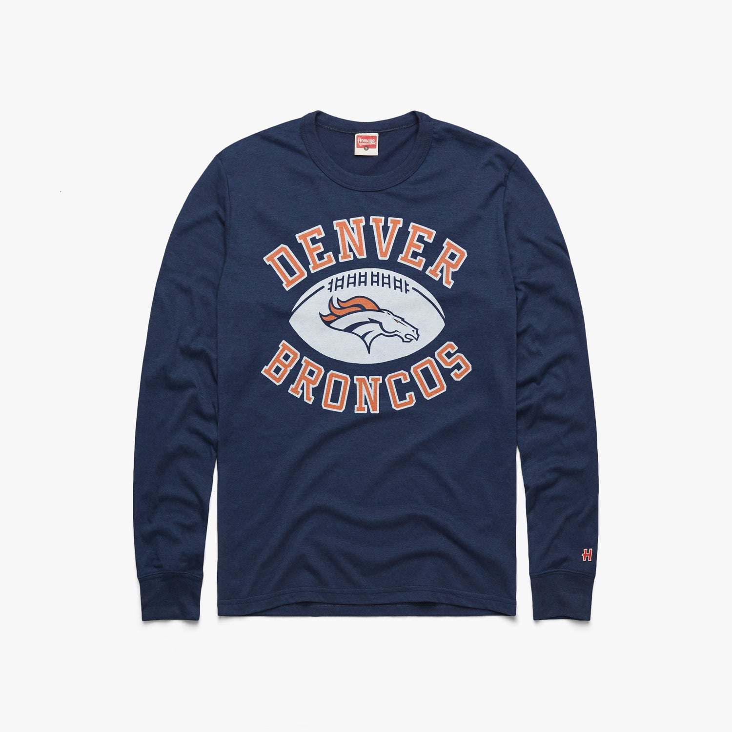 Denver Broncos Pigskin Long Sleeve Tee from Homage. | Officially Licensed Vintage NFL Apparel from Homage Pro Shop.