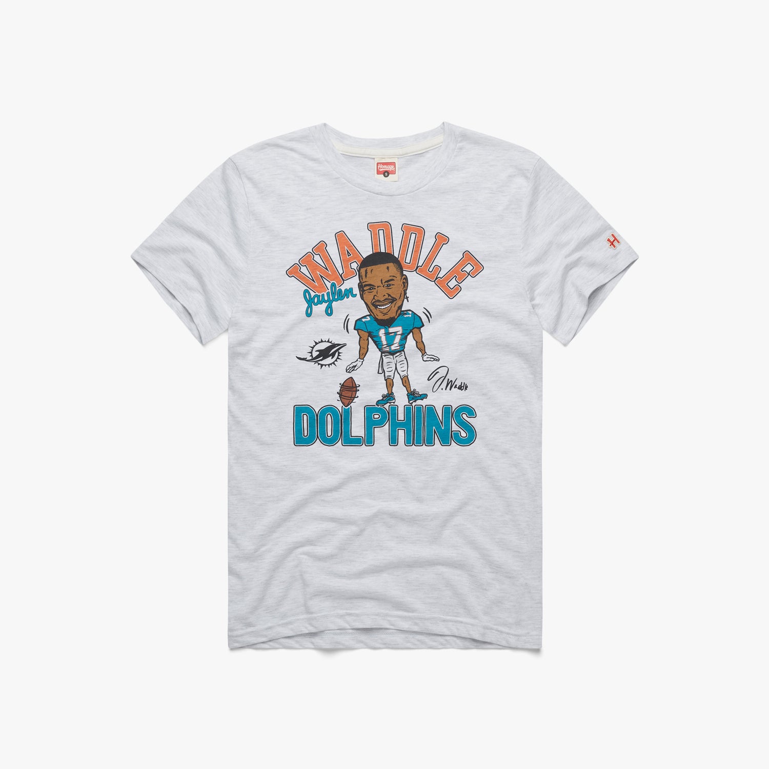 Miami Dolphins Jaylen Waddle Signature T-Shirt from Homage. | Officially Licensed Vintage NFL Apparel from Homage Pro Shop.