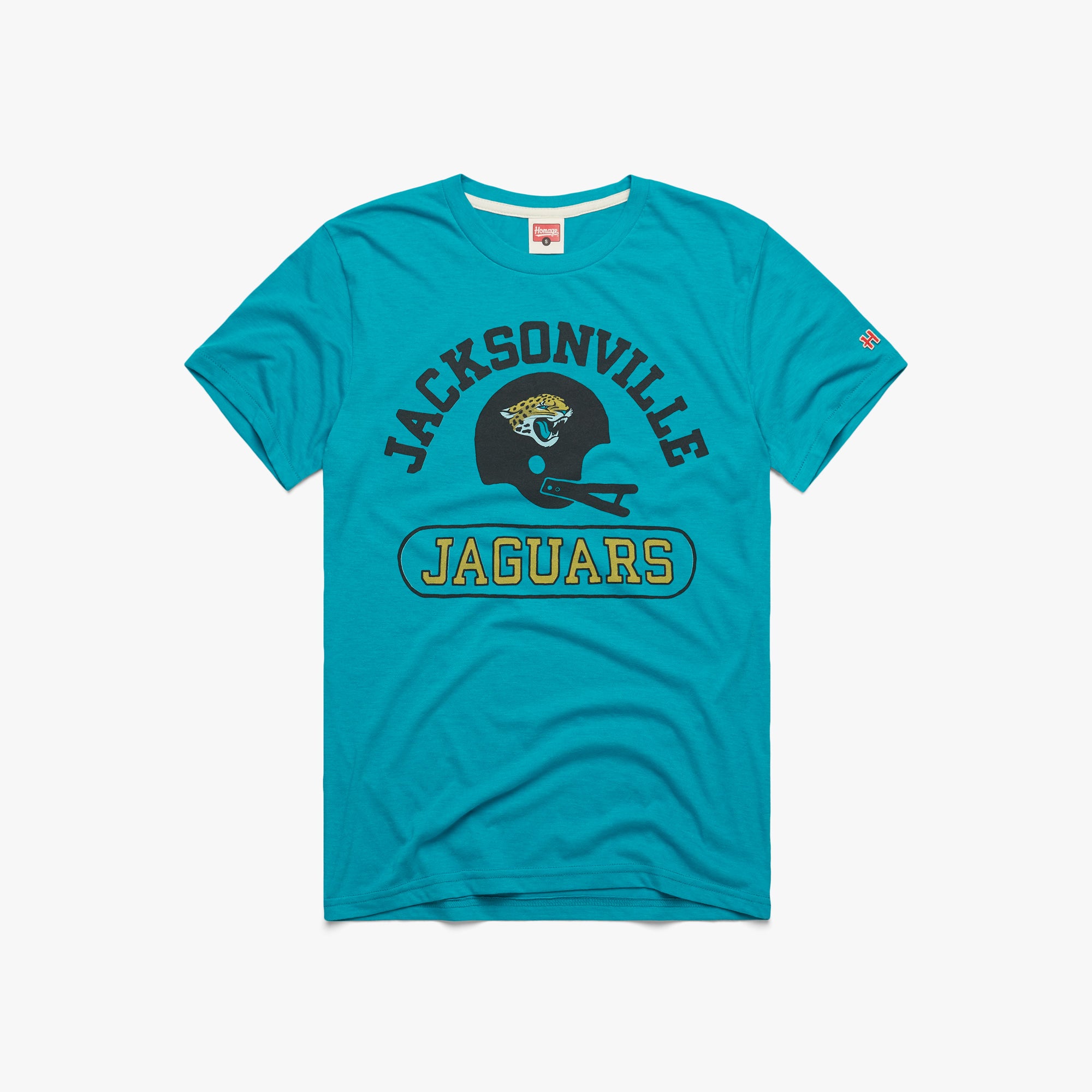 Jacksonville Jaguars Throwback Helmet T-Shirt from Homage. | Officially Licensed Vintage NFL Apparel from Homage Pro Shop.