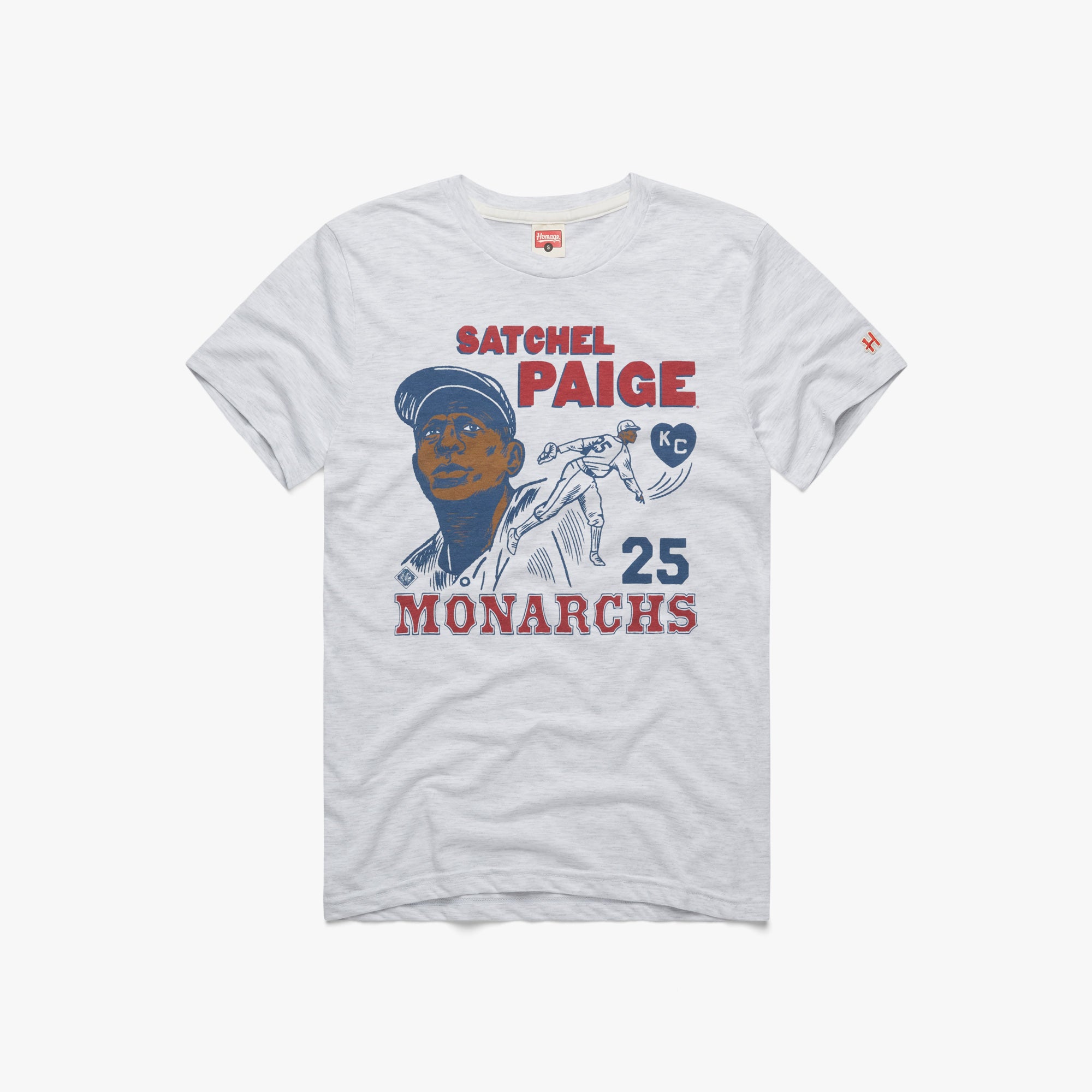 KC Monarchs Satchel Paige T-Shirt from Homage. | Ash | Vintage Apparel from Homage.