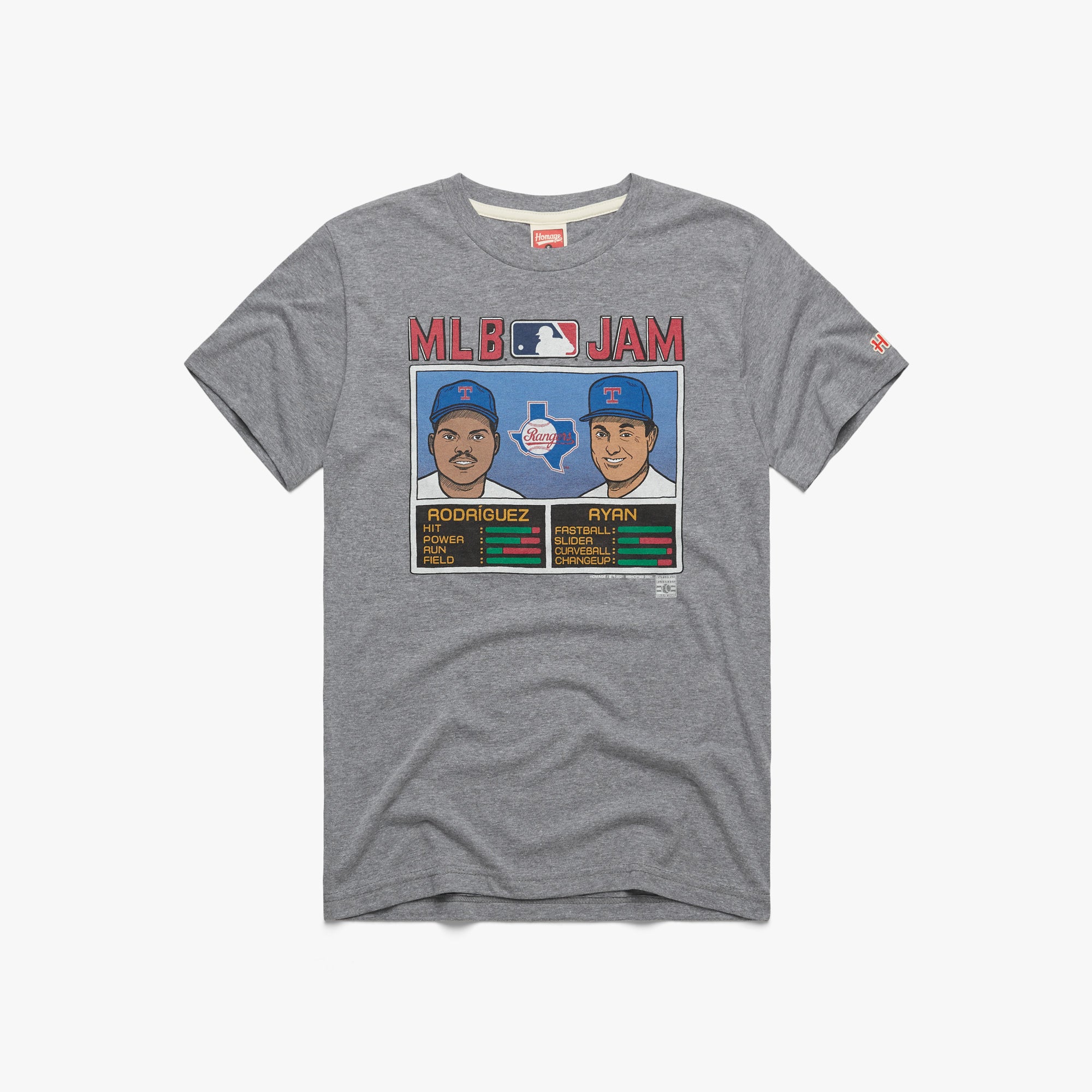 MLB Jam Rangers Rodriguez and Ryan T-Shirt from Homage. | Grey | Vintage Apparel from Homage.