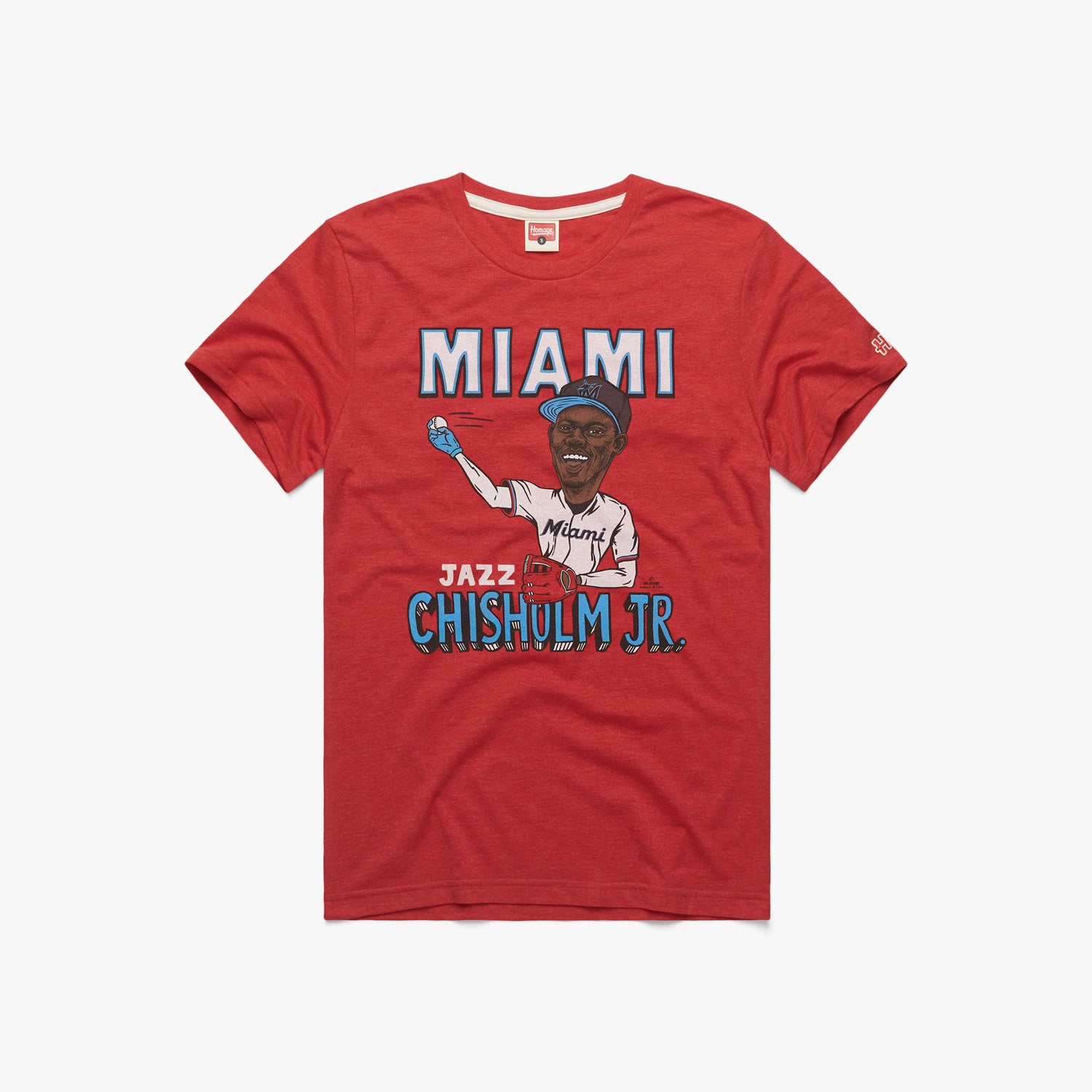 Miami Marlins City Jazz Chisholm T-Shirt from Homage. | Red | Vintage Apparel from Homage.