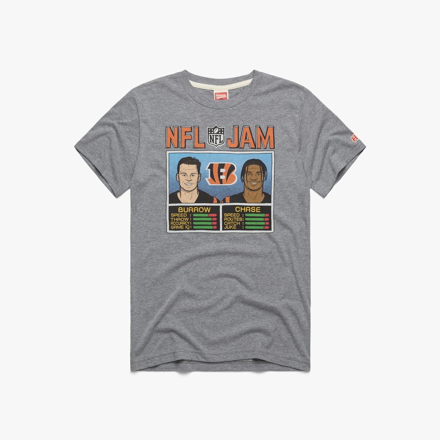 NFL Jam Cincinnati Bengals Burrow and Chase T-Shirt from Homage. | Officially Licensed Vintage NFL Apparel from Homage Pro Shop.