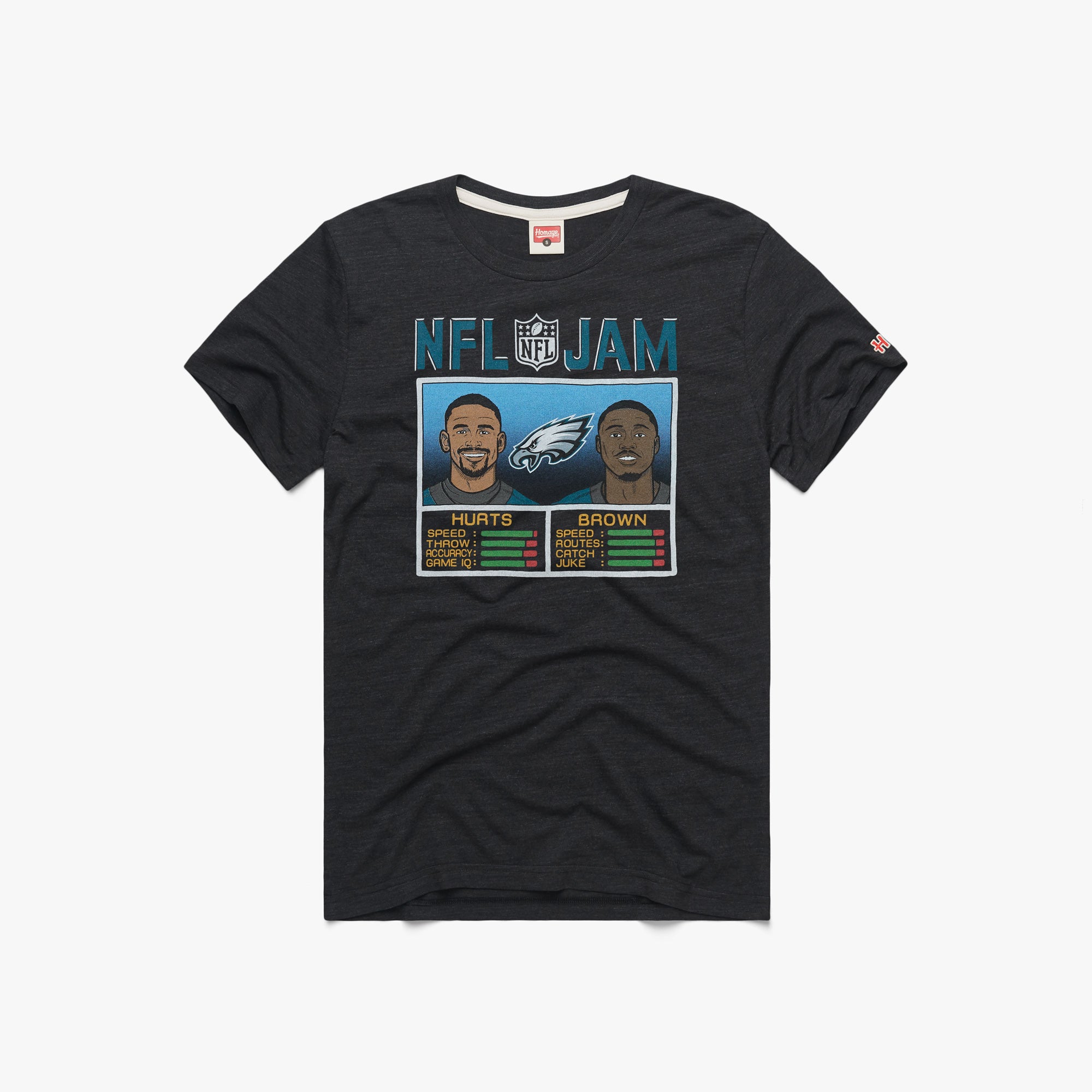 NFL Jam Philadelphia Eagles Hurts and Brown T-Shirt | Kelly Green Philadelphia Eagles Apparel from Homage. | Officially Licensed NFL Apparel from