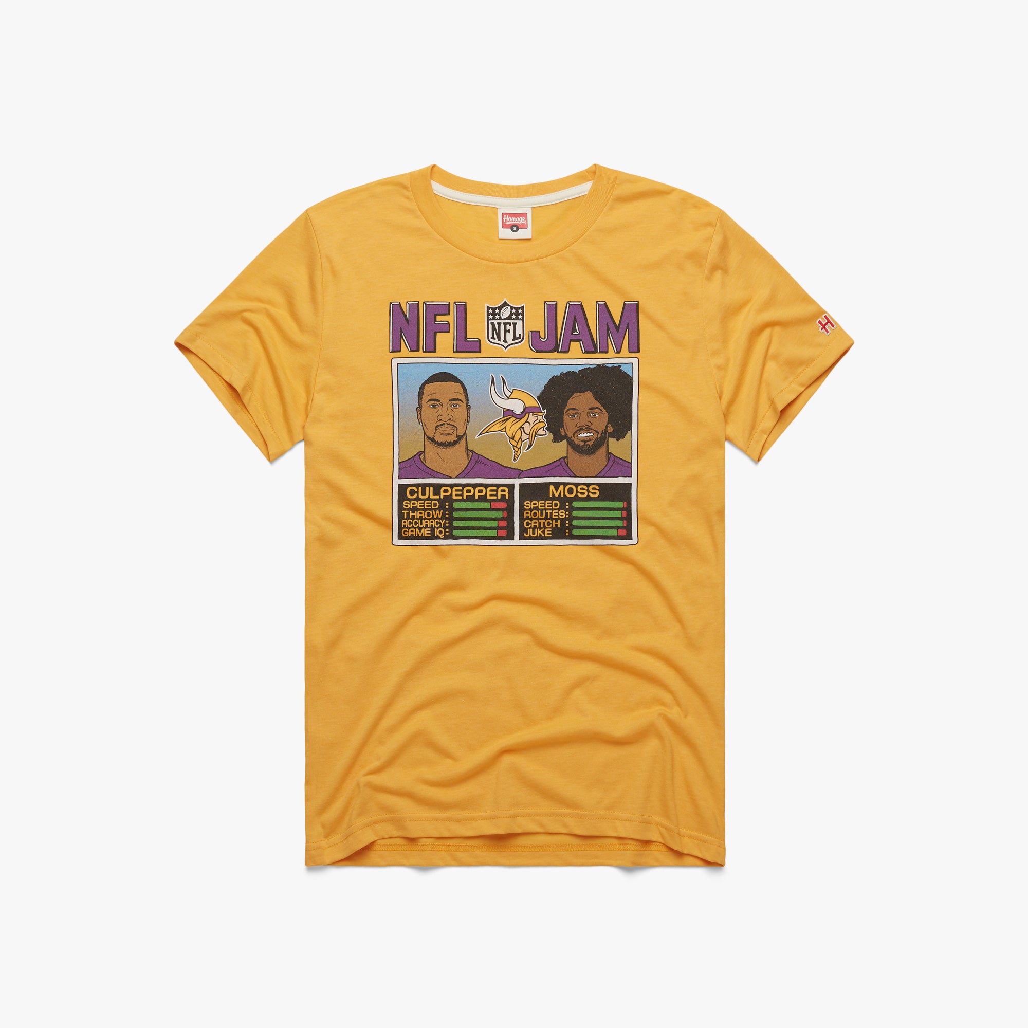 deadmansupplyco Vintage Football Shape - Minnesota Vikings (Yellow Vikings Wordmark) T-Shirt