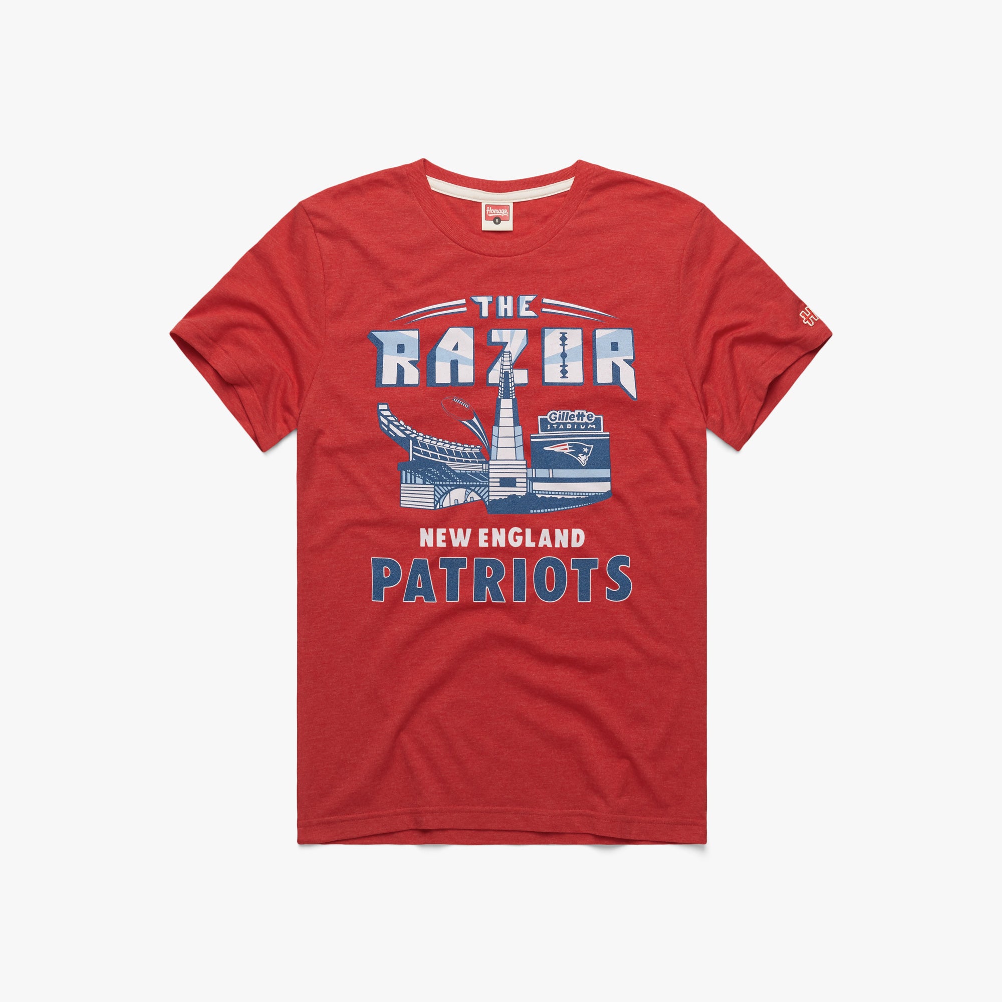 New England Patriots Helmet Retro T-Shirt from Homage. | Officially Licensed Vintage NFL Apparel from Homage Pro Shop.