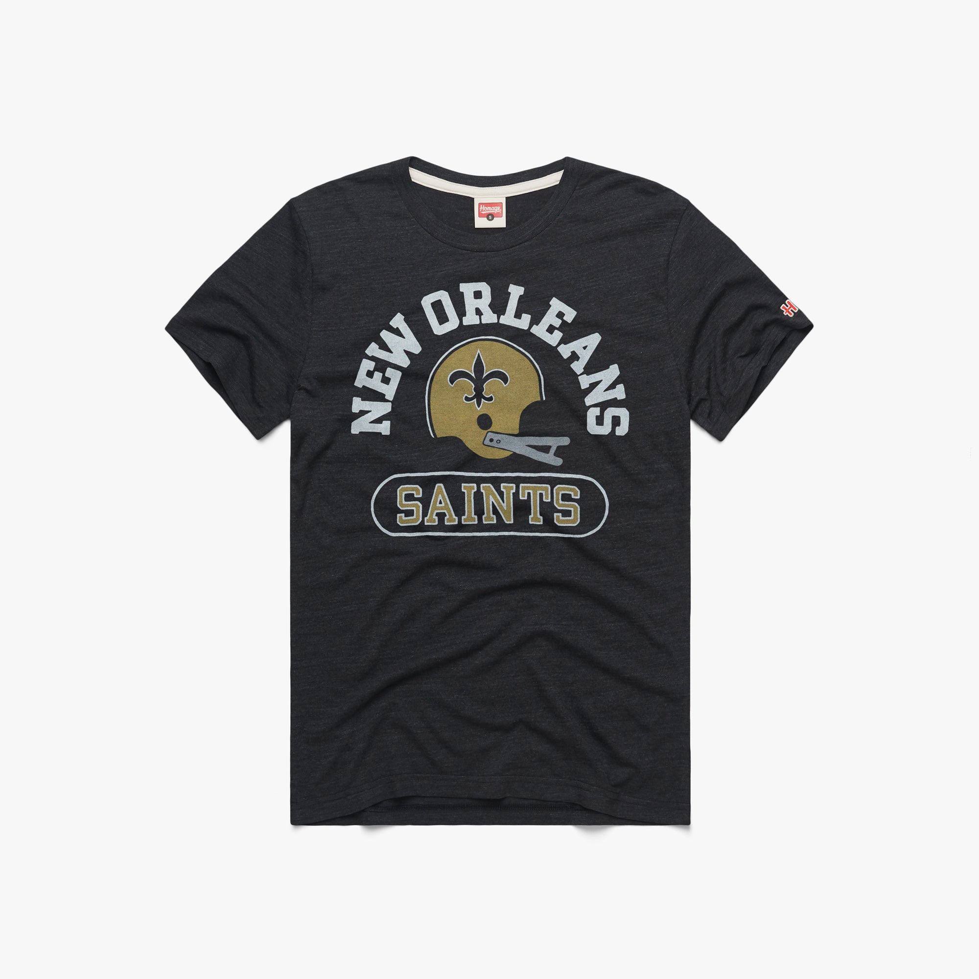 New Orleans Saints Throwback Helmet T-Shirt from Homage. | Officially Licensed Vintage NFL Apparel from Homage Pro Shop.