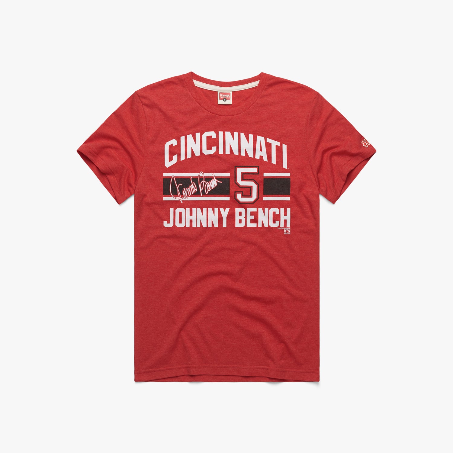Reds Johnny Bench Signature Jersey T-Shirt from Homage. | Red | Vintage Apparel from Homage.