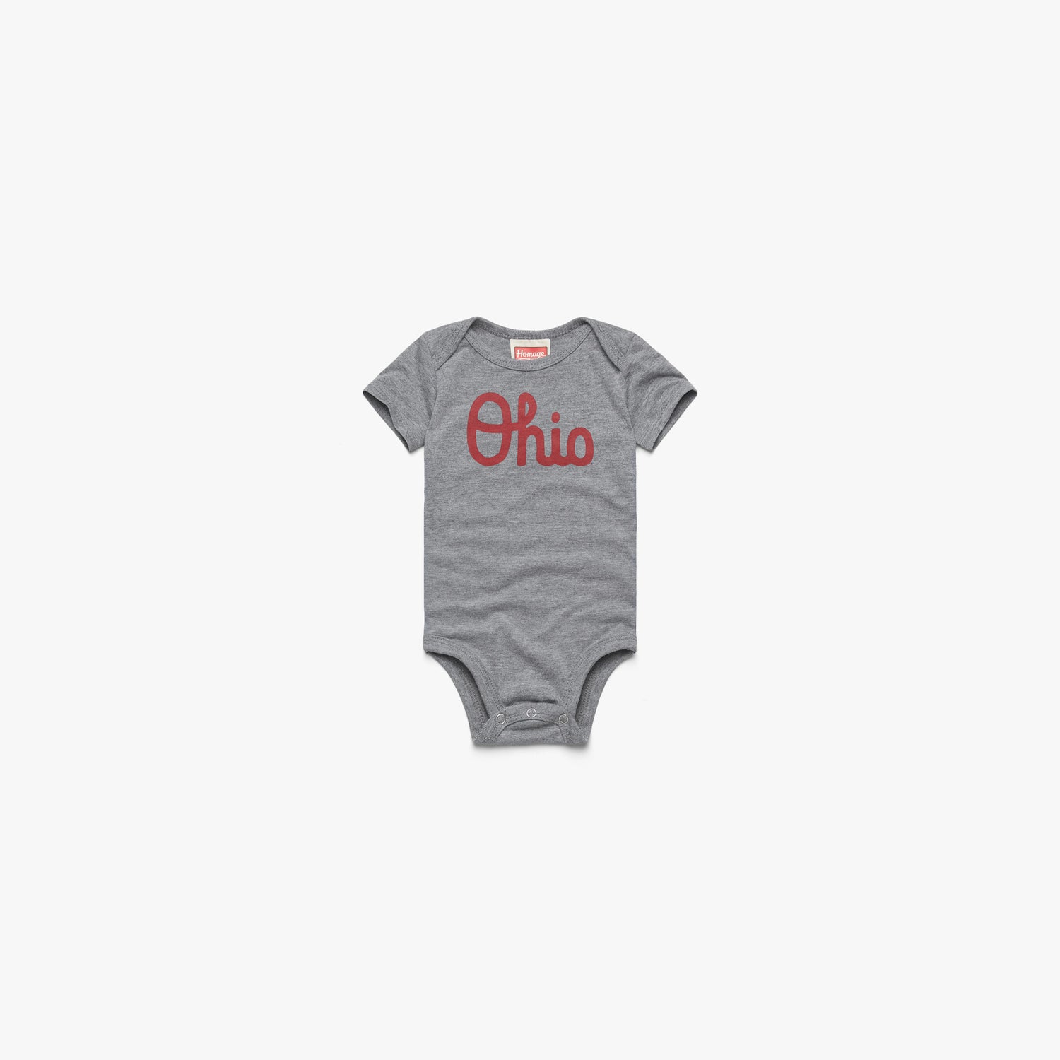 Script Ohio Baby One Piece from Homage. | Grey/Black Ink | Vintage Apparel from Homage.