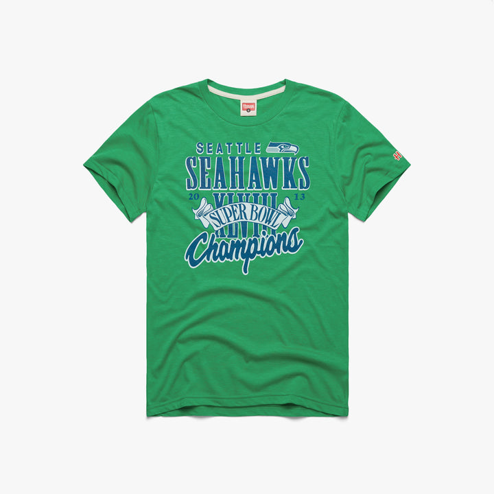 Seattle Seahawks Super Bowl XLVIII Champs T-Shirt from Homage. | Officially Licensed Vintage NFL Apparel from Homage Pro Shop.