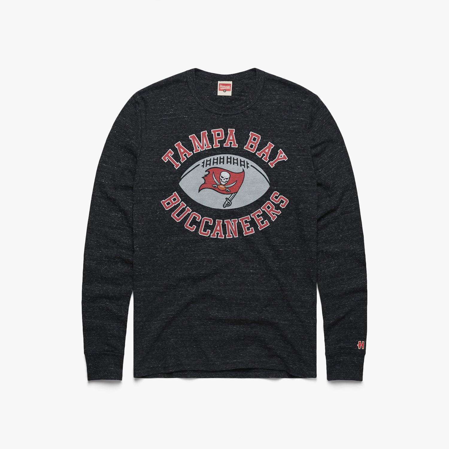 Tampa Bay Buccaneers Pigskin Long Sleeve Tee from Homage. | Officially Licensed Vintage NFL Apparel from Homage Pro Shop.