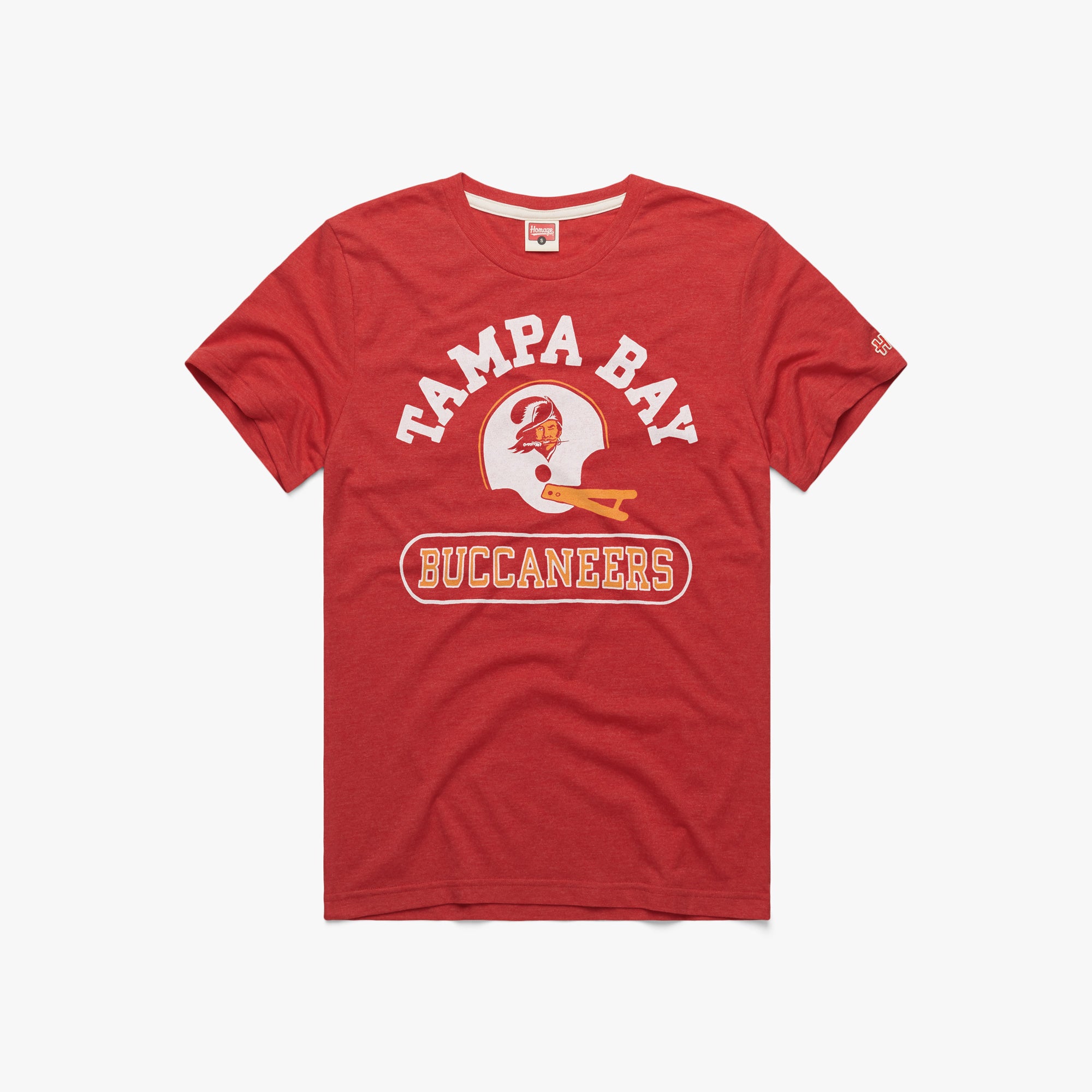 Tampa Bay Buccaneers Helmet Retro T-Shirt from Homage. | Officially Licensed Vintage NFL Apparel from Homage Pro Shop.